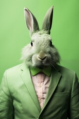 Portrait of easter bunny in suit. Green pastel color. Funny concept.
