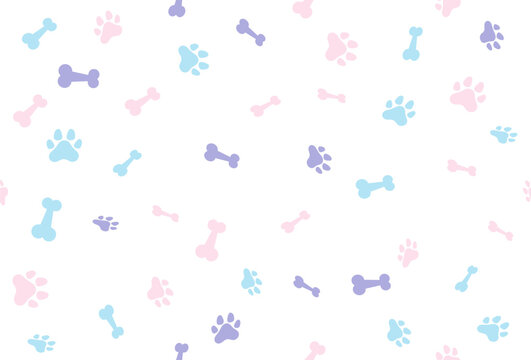 Pastel Colorful Bone And Cat Or Dog Paw Pattern Background. Wallpaper. Vector Illustration
