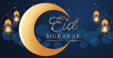 Naklejka premium A blue and white background with balloons and the words eid mubarak