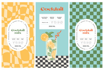 Vector hand drawn cocktail packaging label design template set for cafe or restaurant. Vector beverage package badges set