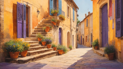 Obraz premium The streets of Italy or Spain are decorated with beautiful colorful flowers, in watercolours