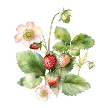 strawberry stems and flowers watercolor illustration