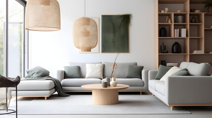 Interior of stylish living room with cozy grey sofas and coffee table on soft carpet