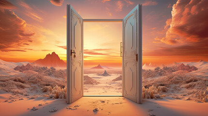 a desert doors leading into the sunset, Opened door on desert