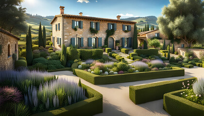 Maison, belle demeure en pierre en provence, magnifique jardin et aménagement extérieur, maison ancienne dans le sud de la France - IA générative - obrazy, fototapety, plakaty