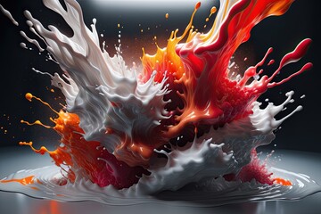 Red, white and orange liquid splash, abstract background.  AI generated