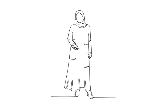 An Arab woman wearing an abaya. Abaya one-line drawing