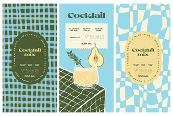 Vector hand drawn cocktail packaging label design template set for cafe or restaurant. Vector beverage package badges set - obrazy, fototapety, plakaty