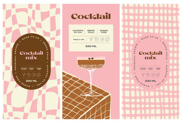 Vector hand drawn cocktail packaging label design template set for cafe or restaurant. Vector beverage package badges set