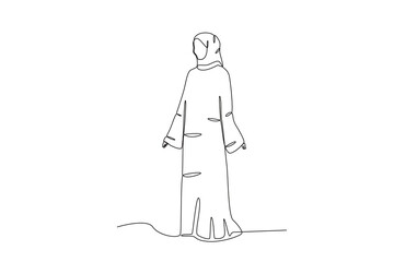A woman wears an abaya happily. Abaya one-line drawing