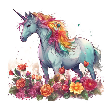 Watercolor rainbow unicorn illustration ai