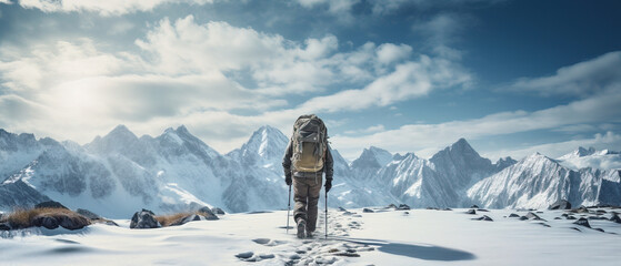 Naklejka na ściany i meble a man in snow boots hiking down a snowy mountain, winter landscape