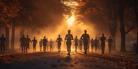 A group of runners running at sunrise in the park during autumn.