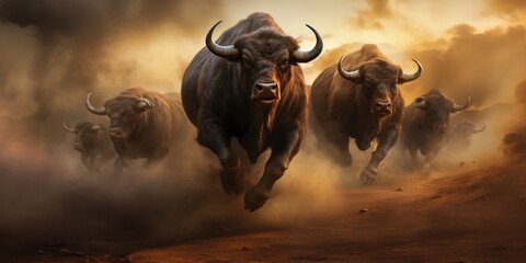 A Herd of buffalos stampedes across a barren landscape, a cloud of dust trailing behind them - obrazy, fototapety, plakaty