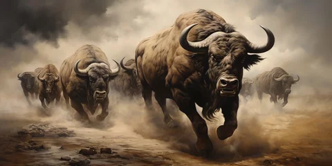 Poster A Herd of buffalos stampedes across a barren landscape, a cloud of dust trailing behind them © Павел Озарчук