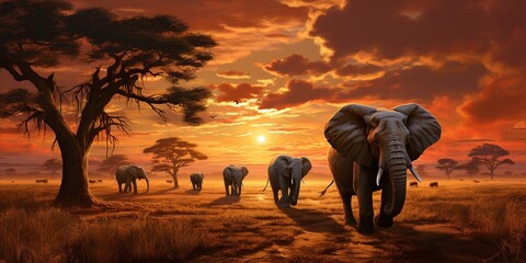 A herd of elephants walking across a dry grass field at sunset with the sun in the background and a...