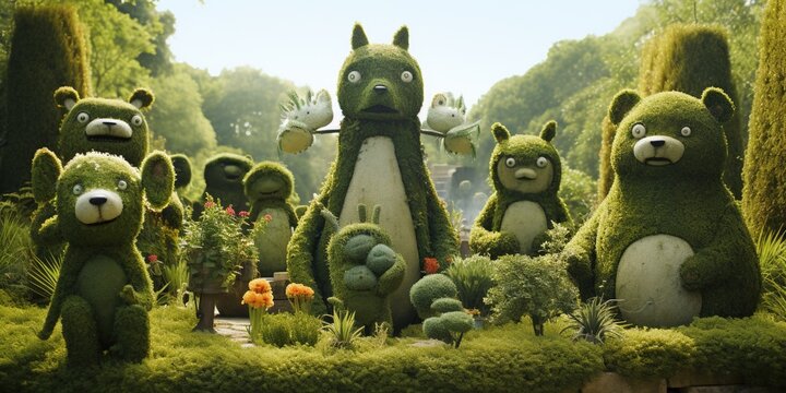 A garden filled with whimsical green topiaries shaped like animals and objects