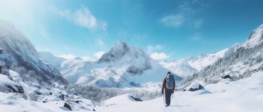 a man in snow boots hiking down a snowy mountain, winter landscape
