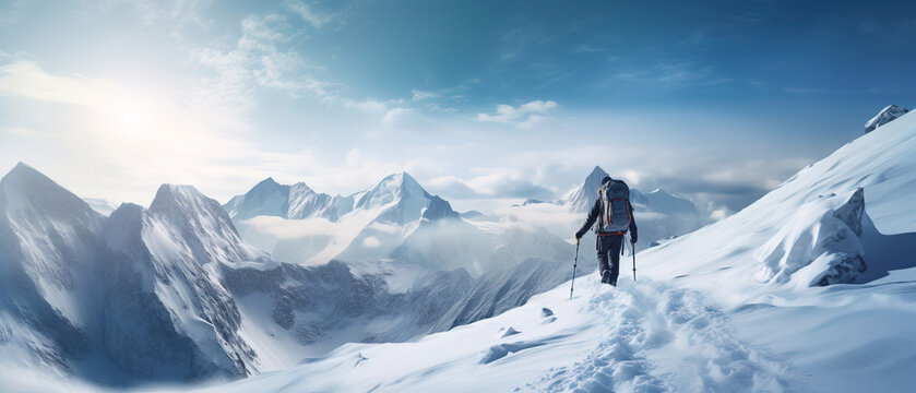 a man in snow boots hiking down a snowy mountain, winter landscape