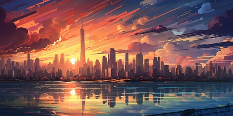 A painting of a city skyline at sunset comic book style. digital art illustration