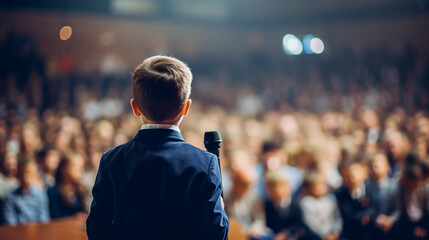 A small child speaks into the microphone on a stage in front of an audience - Powered by Adobe