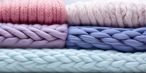 A stack of women's knitted light pastel things close - up on a light background. Banner, copy space.