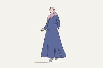 Color illustration of a woman wearing an abaya. Abaya one-line drawing