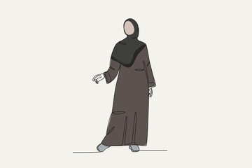Color illustration of a woman wearing an abaya while posing. Abaya one-line drawing