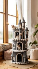 Creative soft wool knitting two-storey house castle for cats, Cute kitty in pet booth that indoors in the modern domestic room