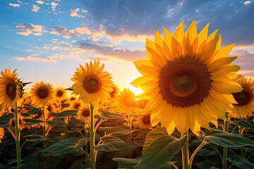Sunflowers turning toward the sun in the soft morning light.