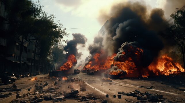 Neuclear bomb fire ans smoke in urban
