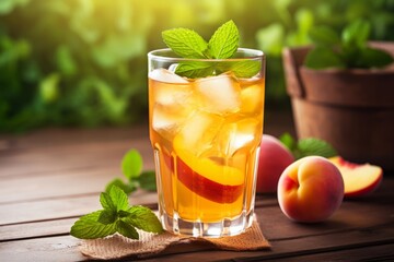 A refreshing glass of peach tea, garnished with fresh mint leaves, sitting on a rustic wooden table, with a backdrop of a sunny orchard
