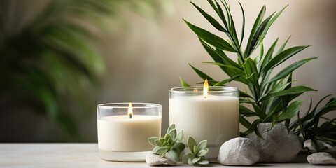 Burning white scented candles in a glass on a table with plants nearby in a minimalist style.
