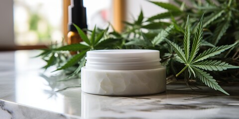 Cannabis face cream jar on marble table close up