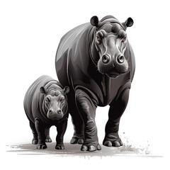 hippopotamus with baby hippo illustration isolated on white - obrazy, fototapety, plakaty