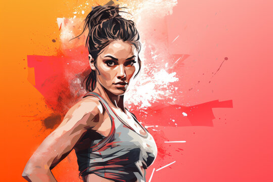 A boxer woman in boxing wear in line art watercolor style