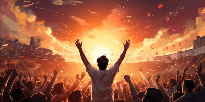 Draw a soccer player scoring a goal in a soccer stadium, surrounded by a cheering crowd