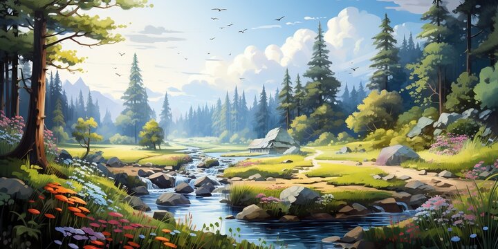 Draw a vibrant summer forest landscape with bright green trees and colorful flowers