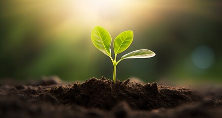 Small tree growing with sunshine in the garden. eco concept.