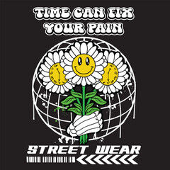 Graffiti sun flower street wear illustration with slogan time can fix your pain