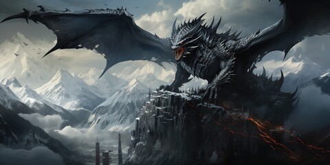 Fierceblack dragon on mountain ridge - obrazy, fototapety, plakaty
