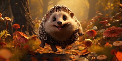 Freedom the hedgehog runs through the autumn forest dynamic scene leaves fly around the onset of autumn changes