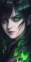 a portrait of a beautiful woman with green eyes who looks like a witch or a sorceress or a fairy.