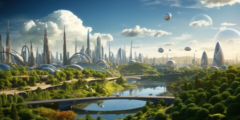 Futuristic sustainable green city, concept of city of the future based on green energy and eco...
