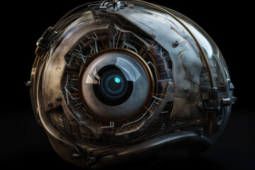 A stylized robotic eye with advanced programming and artificial intelligence, the perfect concept for modern industrial technology. Mechanical object representing a bionic eye. AI Generative