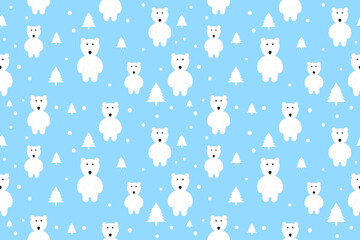 Seamless Cute Polar Bear With Christmas Tree And Falling Snow Pattern Background. Vector Illustration. Winter Backdrop. Christmas Wallpaper