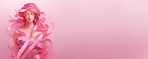 illustration of a pink haired woman wrapped in a pink ribbon cancer awareness ribbon on pink background with copyspace