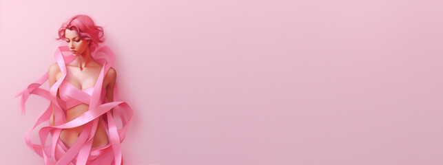 illustration of a pink haired woman wrapped in a pink ribbon cancer awareness ribbon on pink background with copyspace