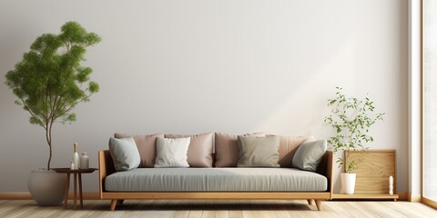 Interior living room wall mockup with light grey, brown and wood sofa and decor on white background. - obrazy, fototapety, plakaty