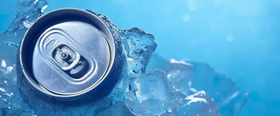 Top of drink tin can iced submerged in frost ice, metal aluminum beverage. - obrazy, fototapety, plakaty